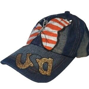 USA Patriotic Ball Hat‎ Hand Painted Womens Adjustable Glittery Denim AMERICANA